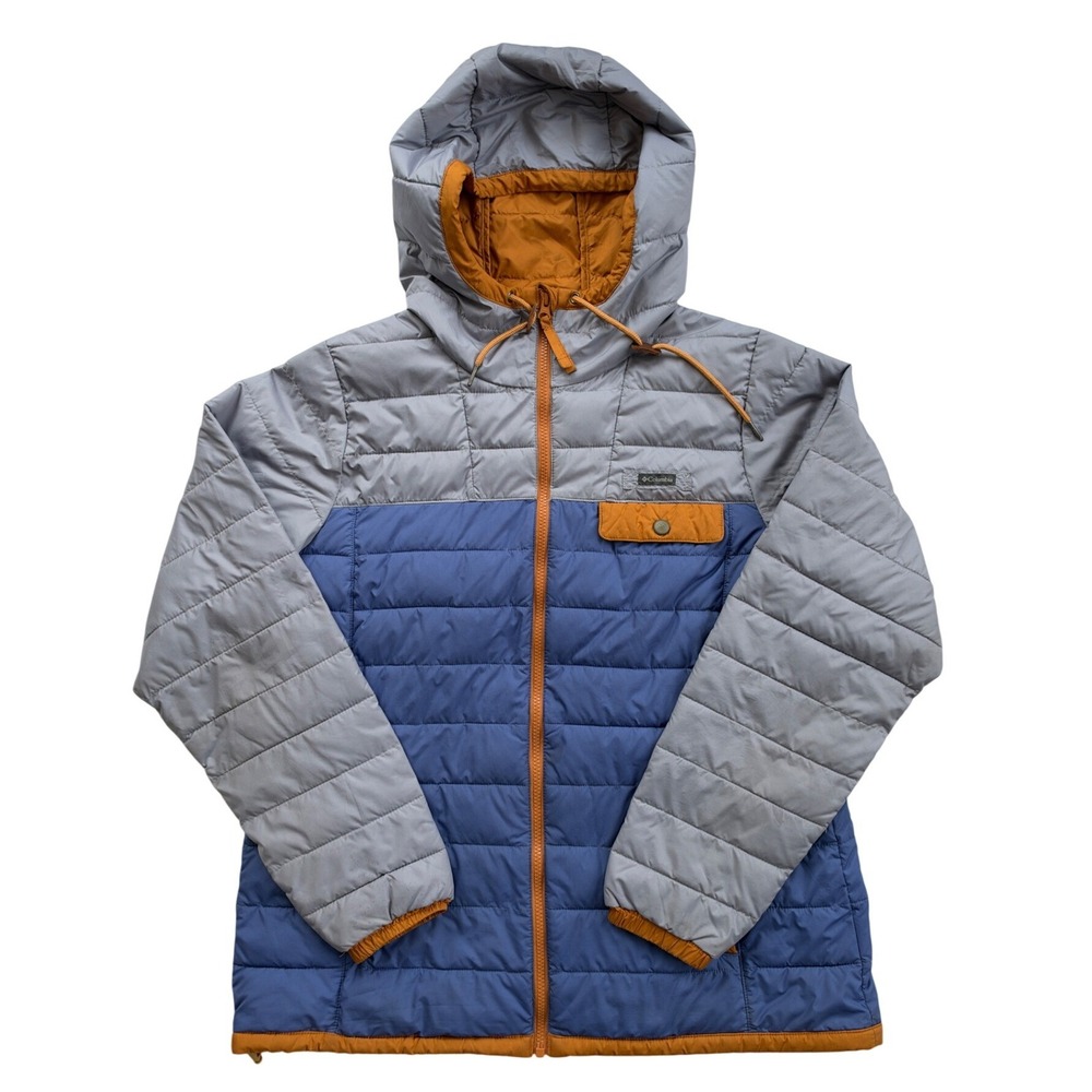 Columbia Puffer Jacket Womens Large Blue Grey Orange Hooded Quilted Excellent